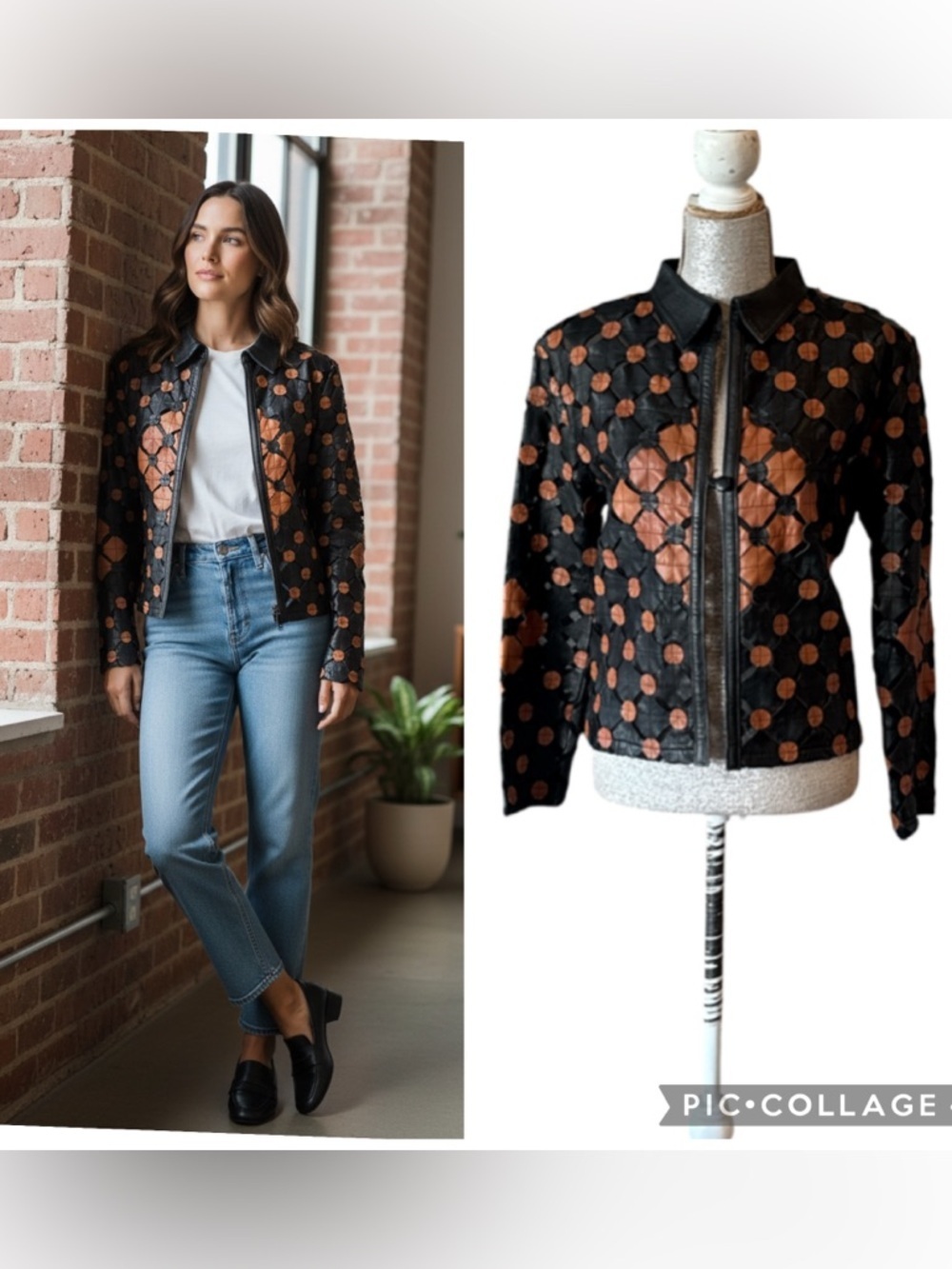 Stillman Studio Leather Patchwork Mesh Statement Jacket Black Brown Size M